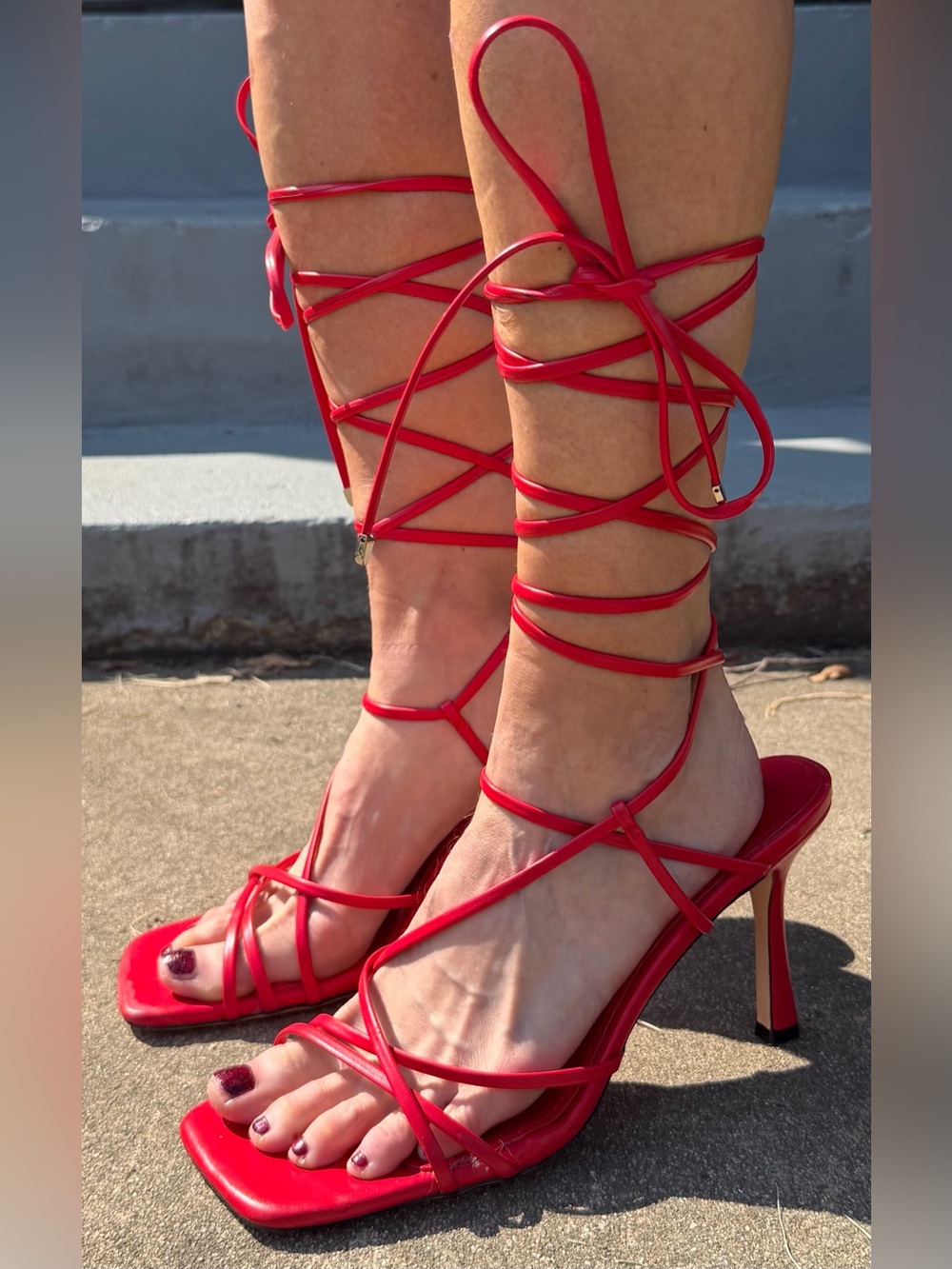 Fashion Nova Red Strappy Lace Up Heeled Sandals - Size 11
